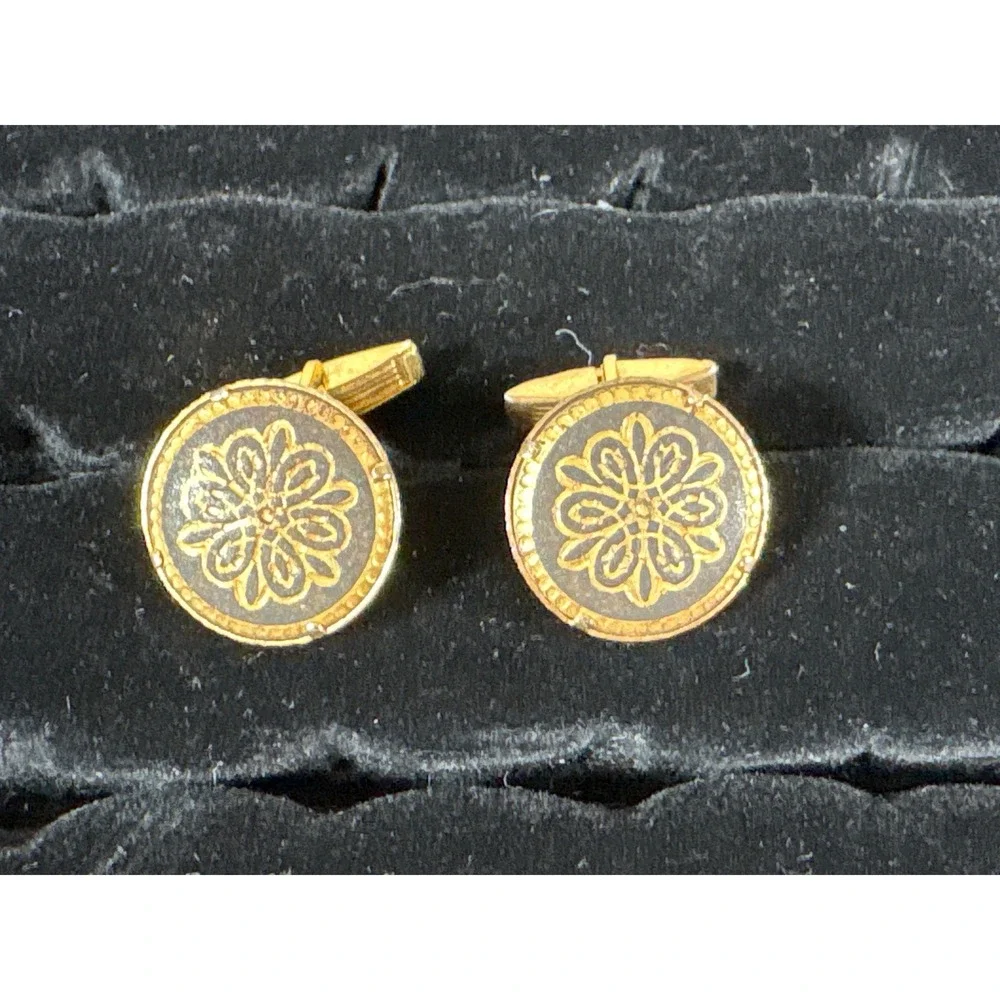 Vintage Gold Tone Round Textured Cufflinks Mens Formal Wedding Suit Accessory